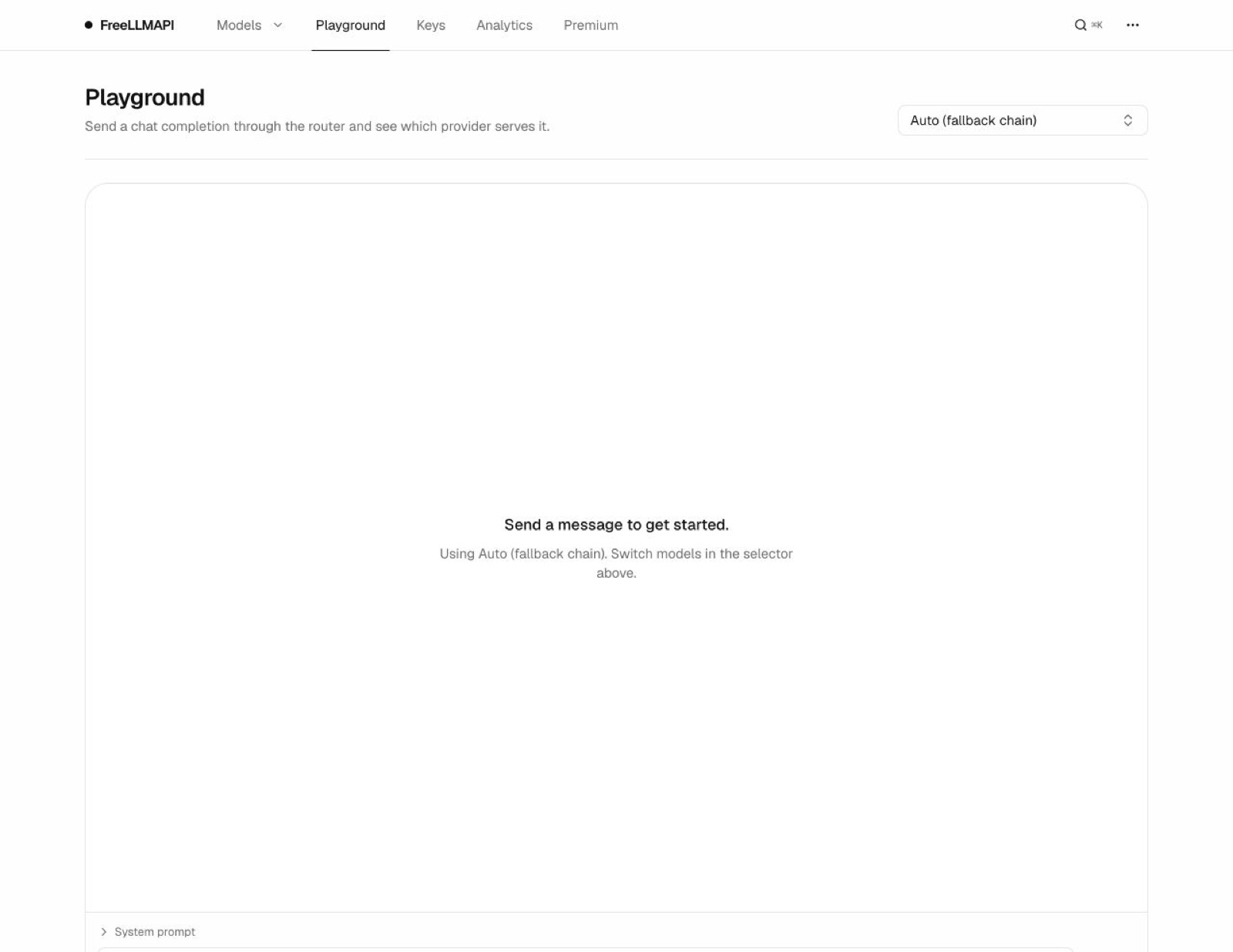 FreeLLMAPI Playground page showing a chat reply labeled with the provider and model that served it