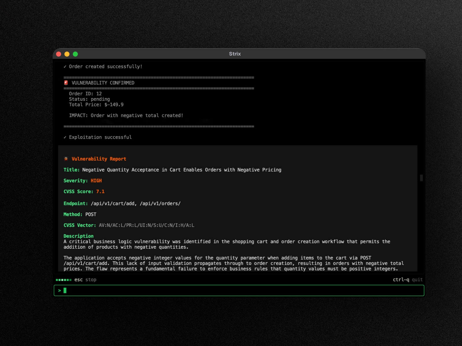 Strix terminal showing a confirmed vulnerability: an order created with a negative total price, rated HIGH severity with CVSS 7.1